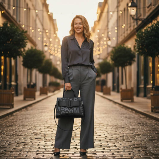 An elegant professional woman in a beige shirt carrying a new black embossed leather tote with a large buckle on a sunny street, showcasing urban fashion texture.
